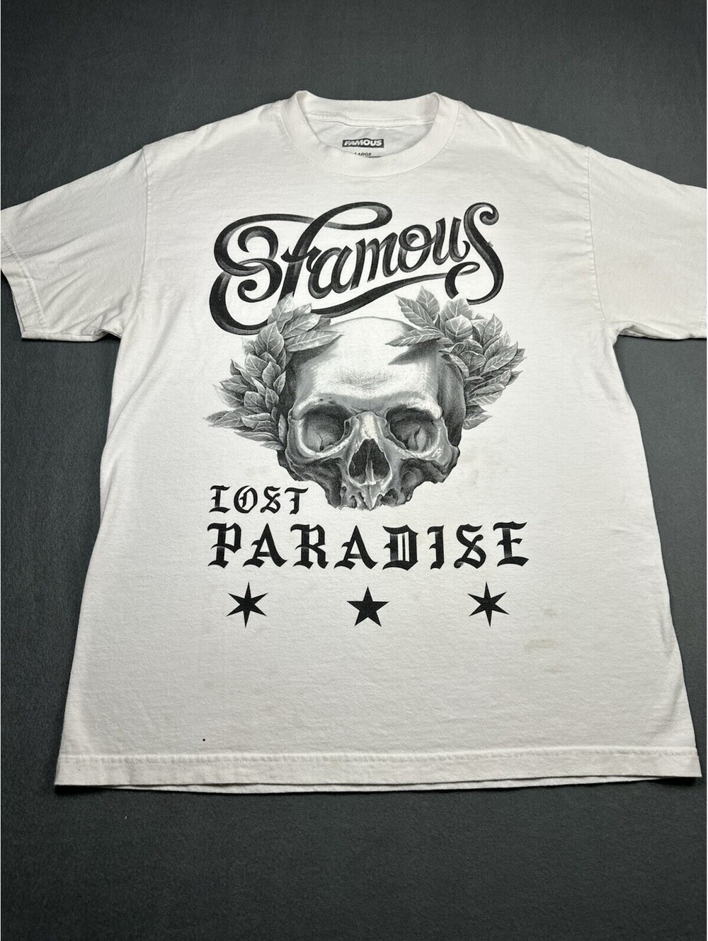 Y2K Famous Stars & Straps Lost Paradise Graphic Tee White Mens Large Shirt
